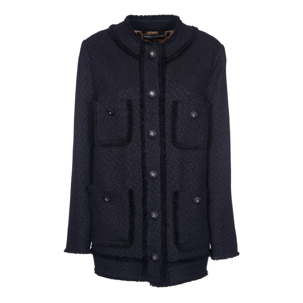 Dolce & Gabbana Zwarte Wollen Tweed Jas Luipaard Voering Black Dames