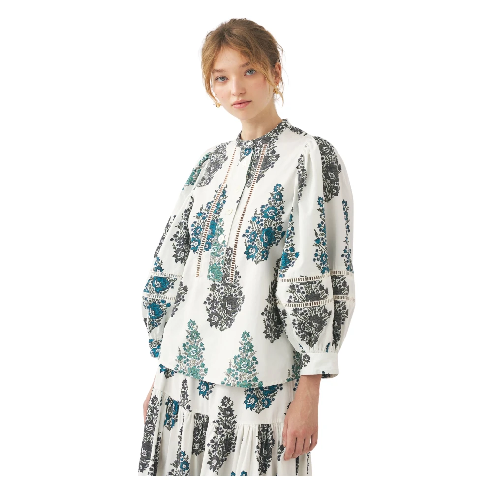 Antik batik Gedrukte katoenen popeline blouse met kant White Dames