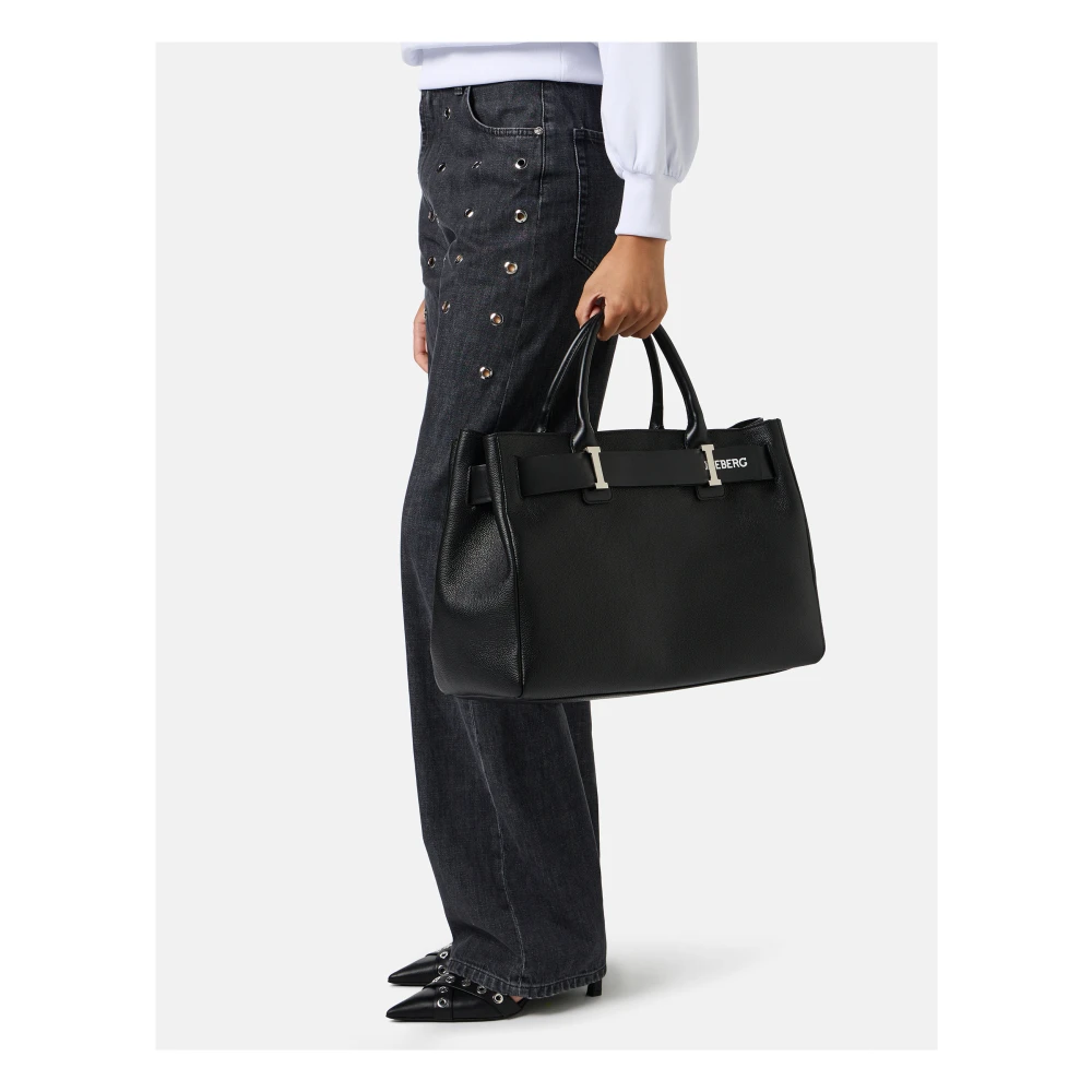 Iceberg Maxi shopper tas in zwart Willer leer met gladde gesp en zilveren details Black Dames