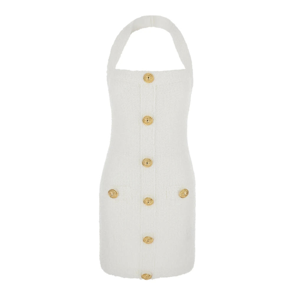 Balmain Witte Halternek Mini Jurk Juweelknopen White Dames