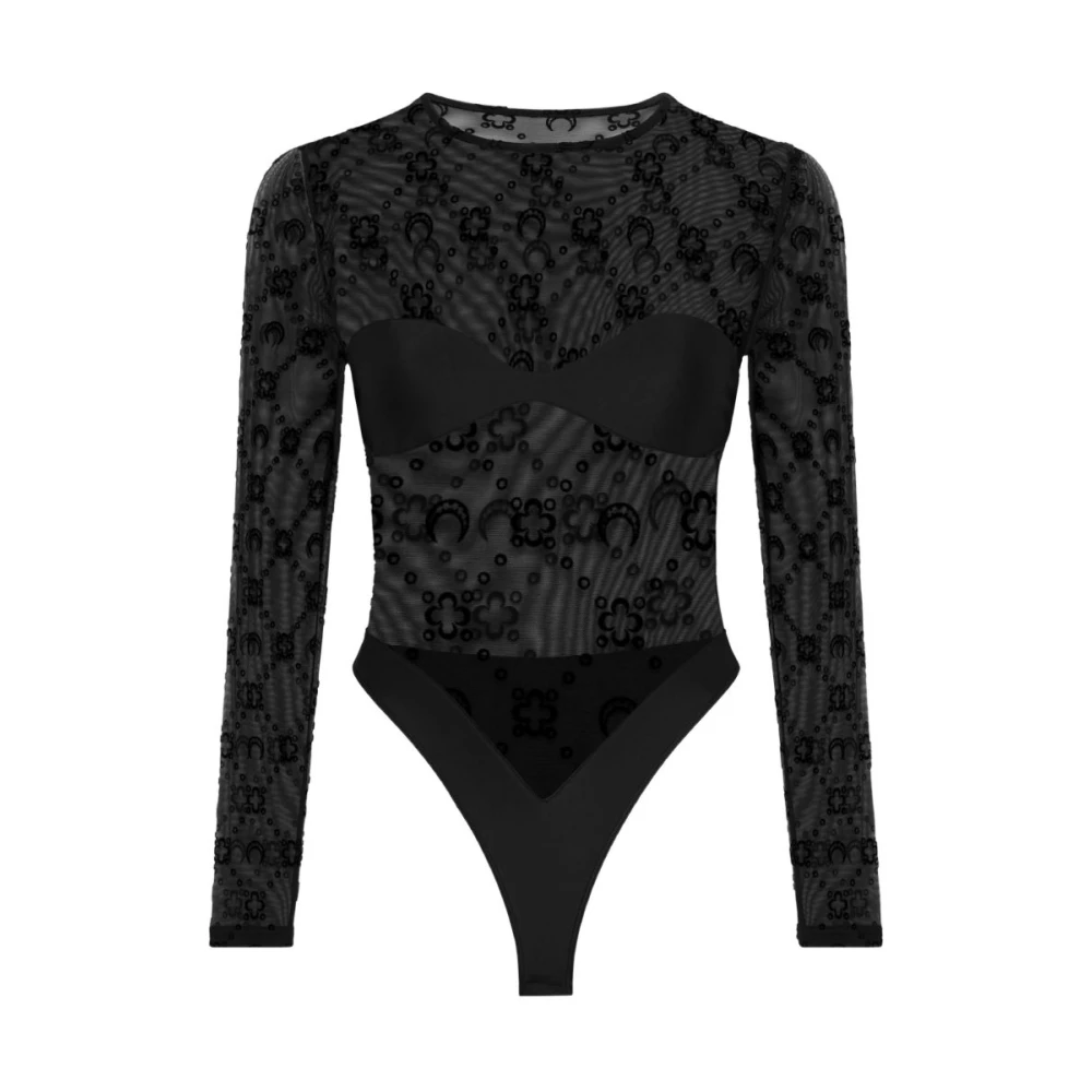 Marine Serre Women's Black Full-Body, L, Moonogram Mesh Flock Bodysuit Top