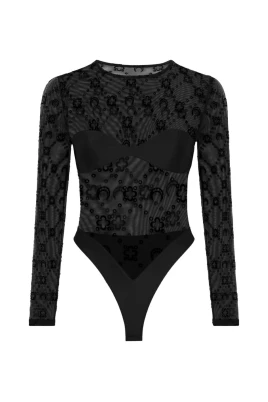 Moonogram Mesh Flock Bodysuit Top