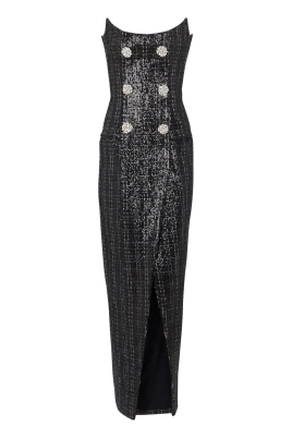 Lång Bustier Klänning i Paljett-Tweed