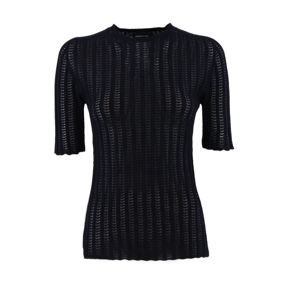 Fabiana Filippi Women's Blue Ribbed Crew-Neck Jumper - M - Knitwear