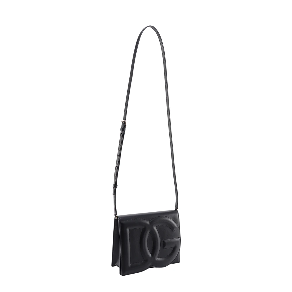 Dolce & Gabbana Zwarte Leren Schoudertas met Maxi Frontlogo Black Dames