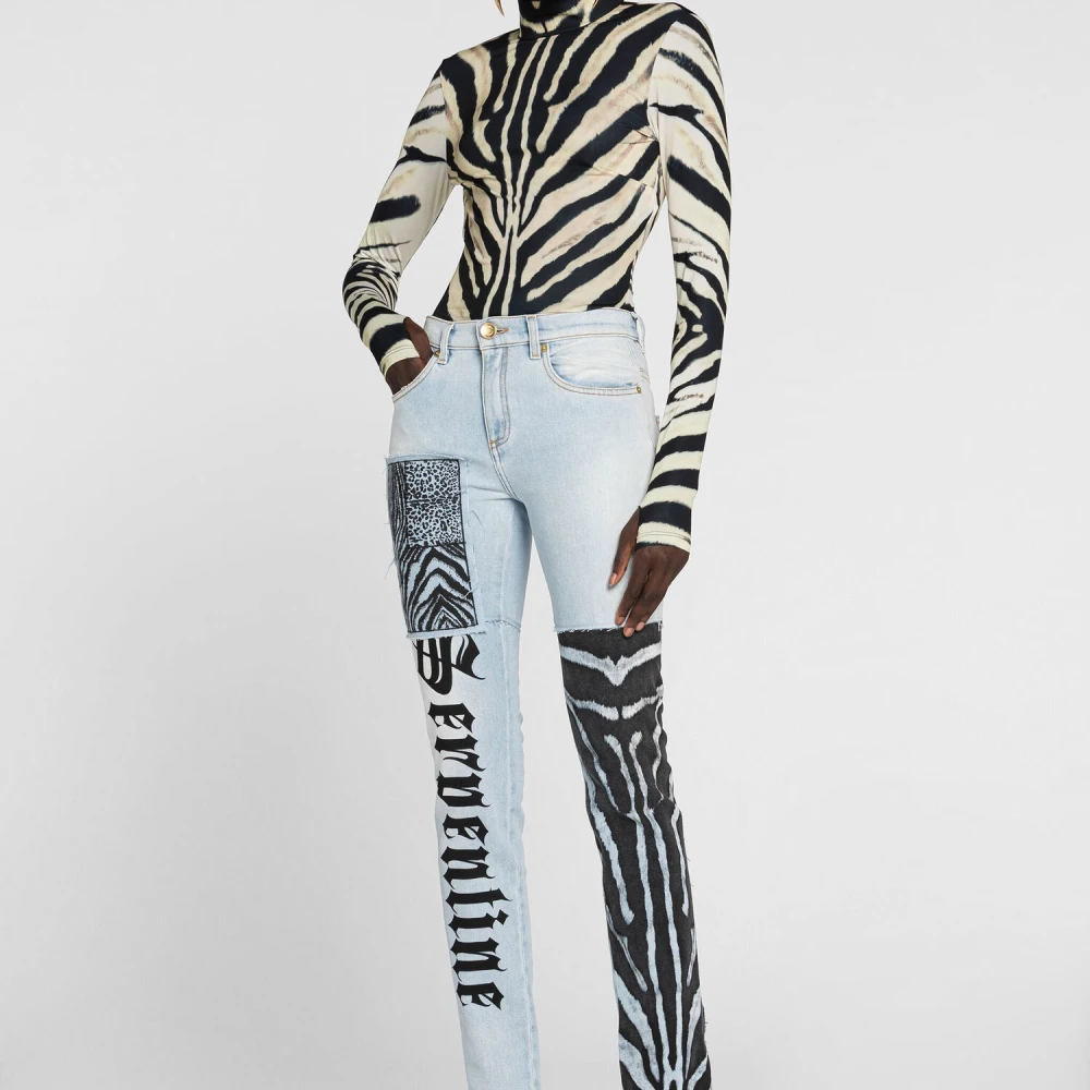 Roberto Cavalli Animalier Patchwork-Print Slim Fit Jeans Blue Dames