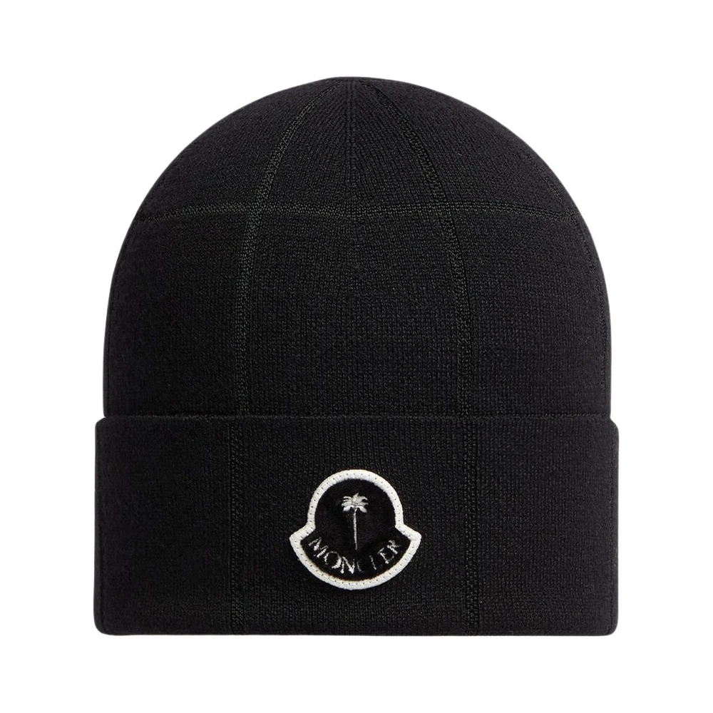 Moncler Geruite Gebreide Logo Beanie Hoed Black Unisex