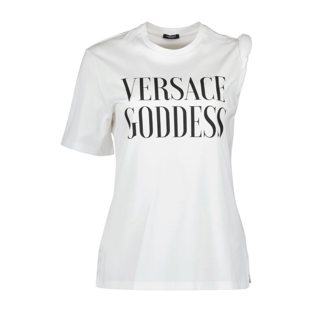 Versace Asymmetrisch T-shirt met Bedrukt Logo White Dames