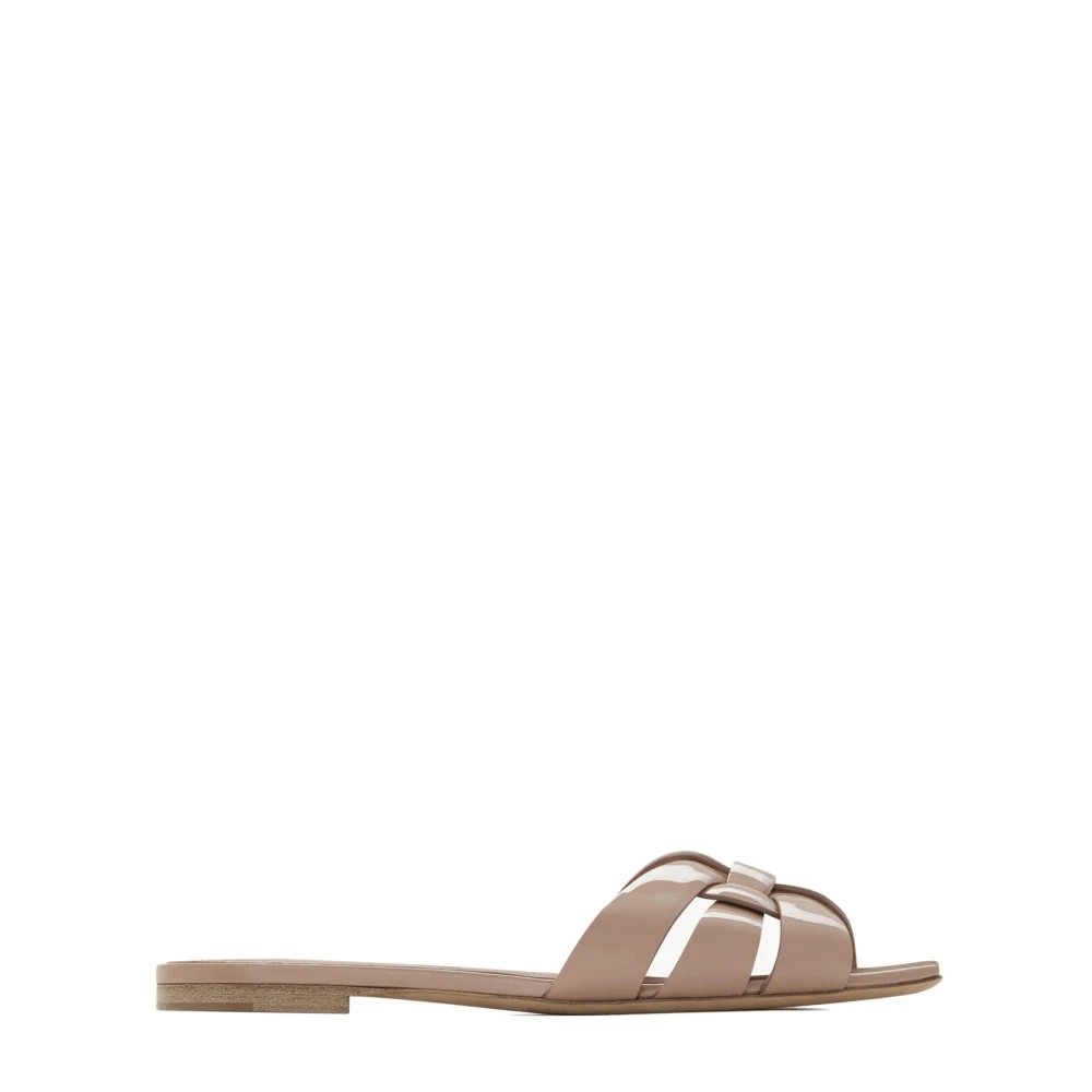 Saint Laurent Beige Tribute Slide Sandaler I Lackläder