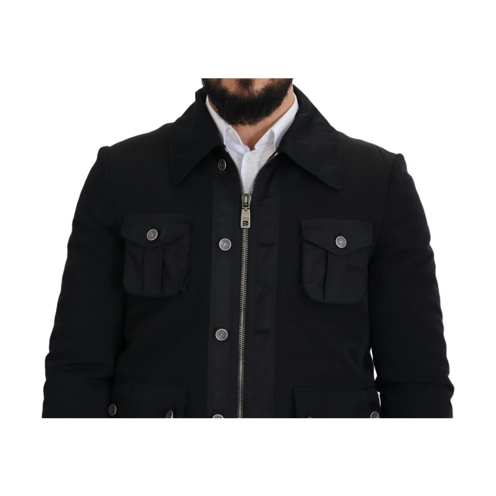 Dolce & Gabbana Elegante Zwarte Wol Zip Jas Black Heren