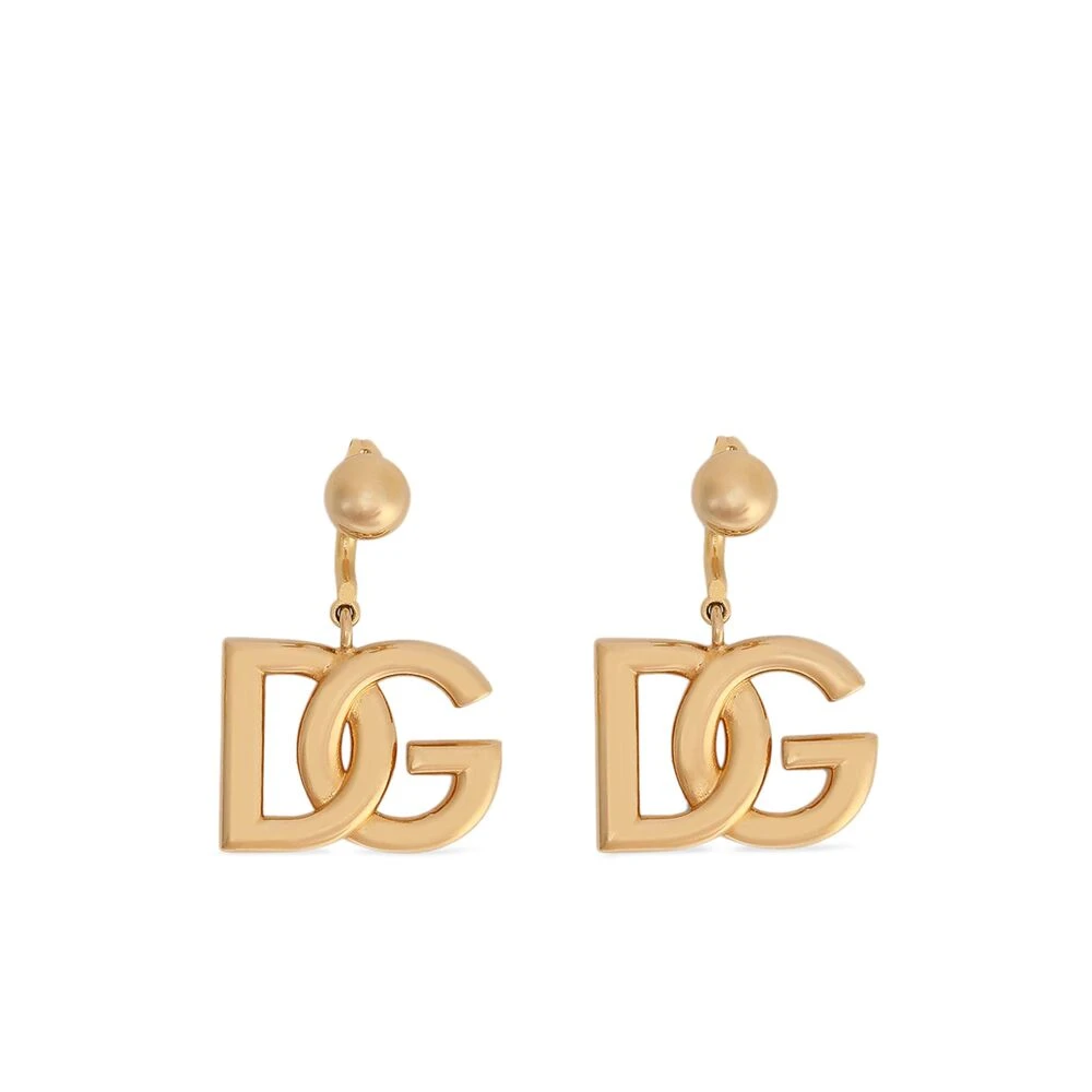 Dolce & Gabbana Guld Clip-On Drop Örhängen Logo Charm Yellow, Dam