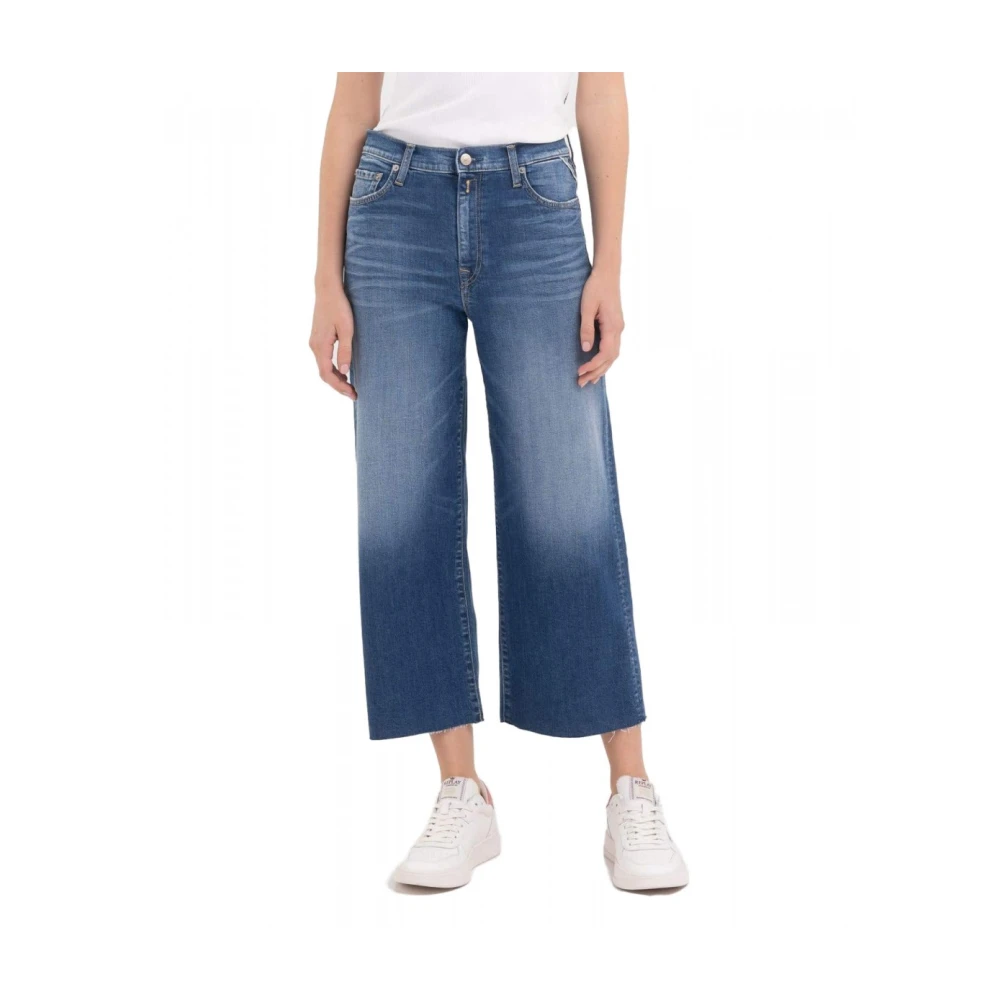 Replay Wijde Pijp Cropped Jeans in Donker Indigo Blue Dames