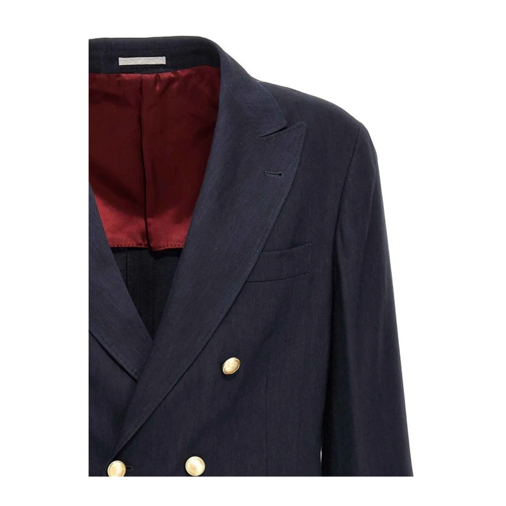 BRUNELLO CUCINELLI Linnen en wollen jas Dubbelbreasted Blue Heren