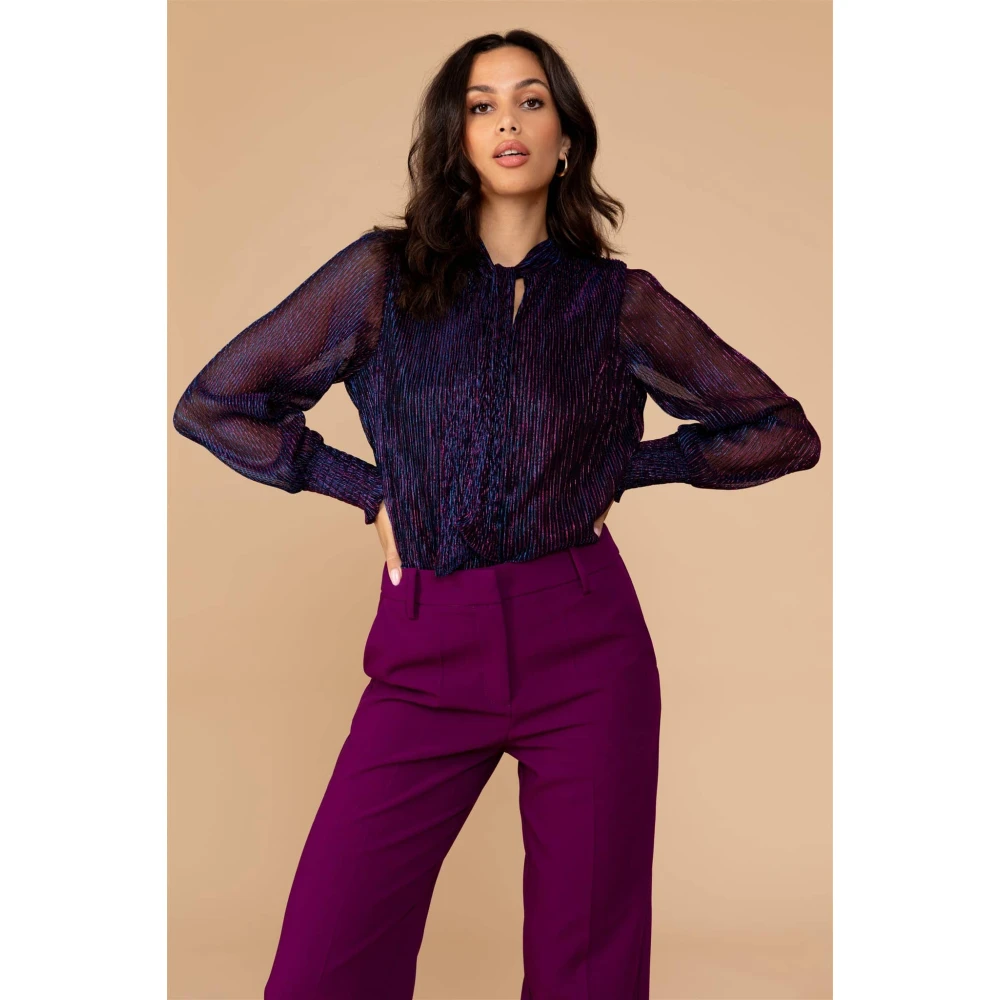 Freebird Metallic Plisse Blouse met Lurex Purple Dames