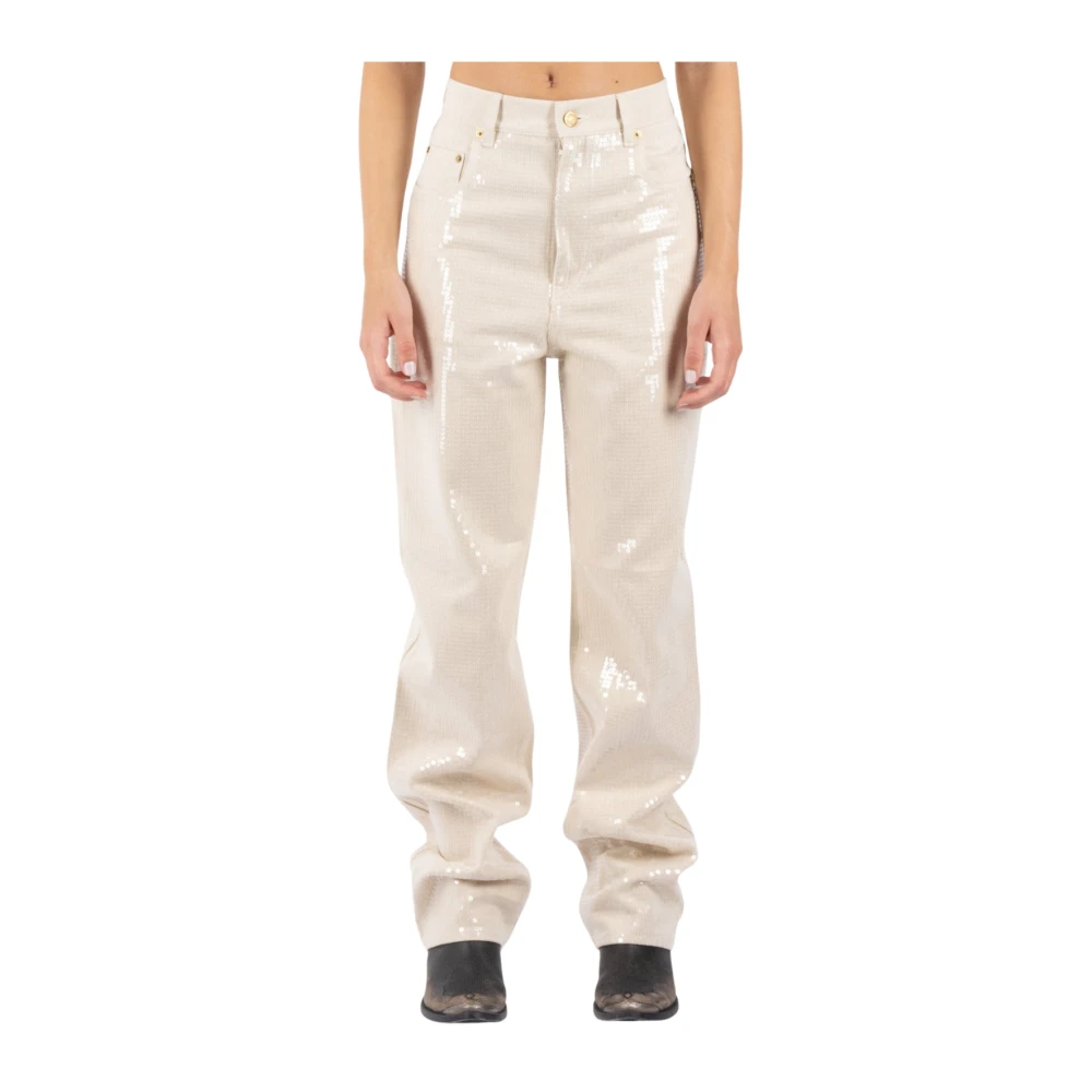 Golden Goose Geborduurde Katoenen Denim Pailletten Broek Beige Dames