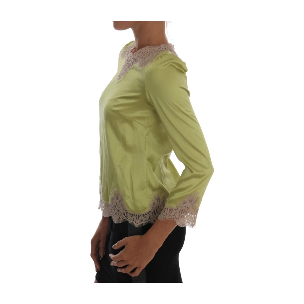 Dolce & Gabbana Groene Zijden Stretch Blouse met Beige Bloemenkant Green Dames