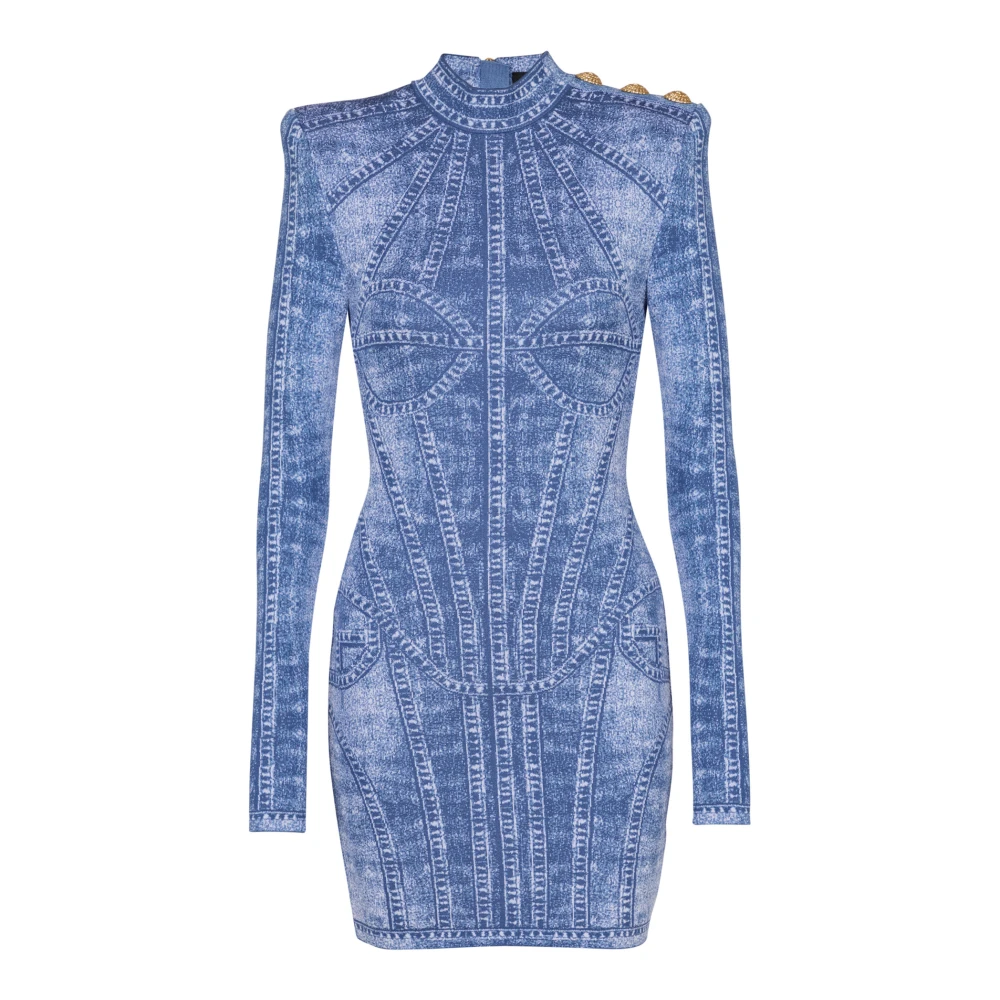 Balmain Korte jacquard gebreide jurk met denim effect Blue Dames