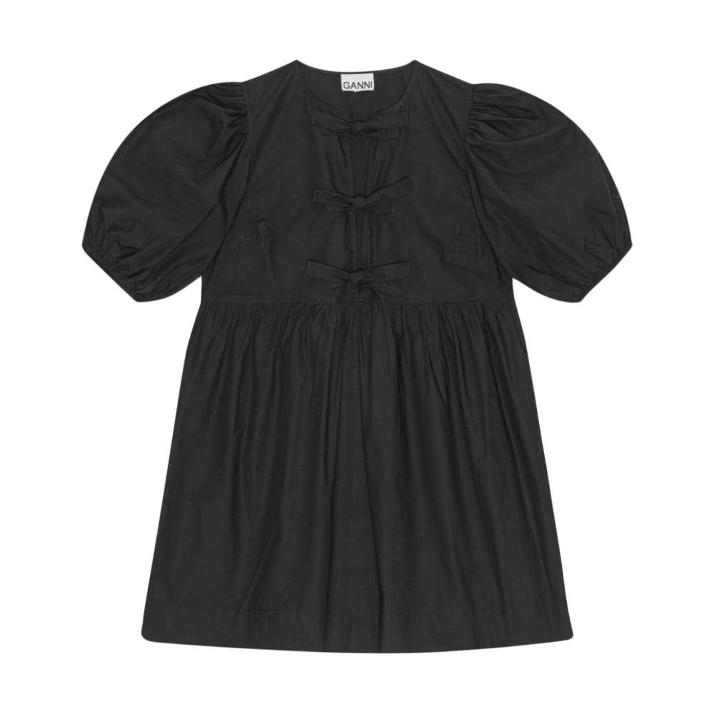Ganni Women's Black Short Dresses, 2XS, Tie String Poplin Mini Dress