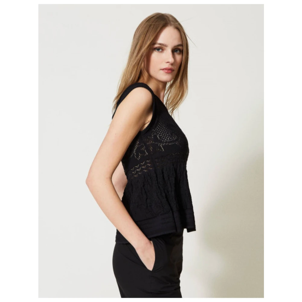 Twinset Uitlopende Gebreide Top met Bloemendesign Black Dames