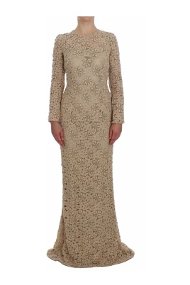 Lyxig Beige Blommig Spets Maxi Klänning