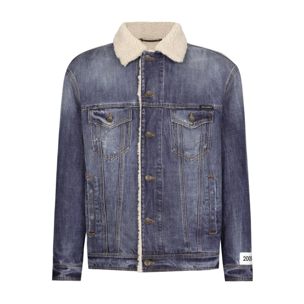 Dolce & Gabbana Blå Denim Shearling Trim Kappa Blue, Herr