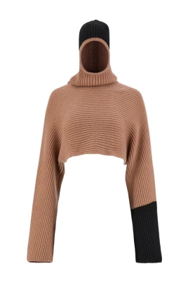 Beige Färgblocks Ribbstickad Tröja