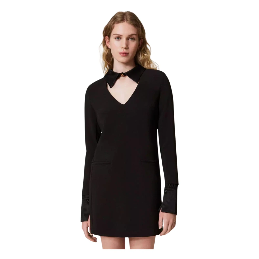 Twinset Zwarte Crêpe Jurk V-Hals Lange Mouw Black Dames