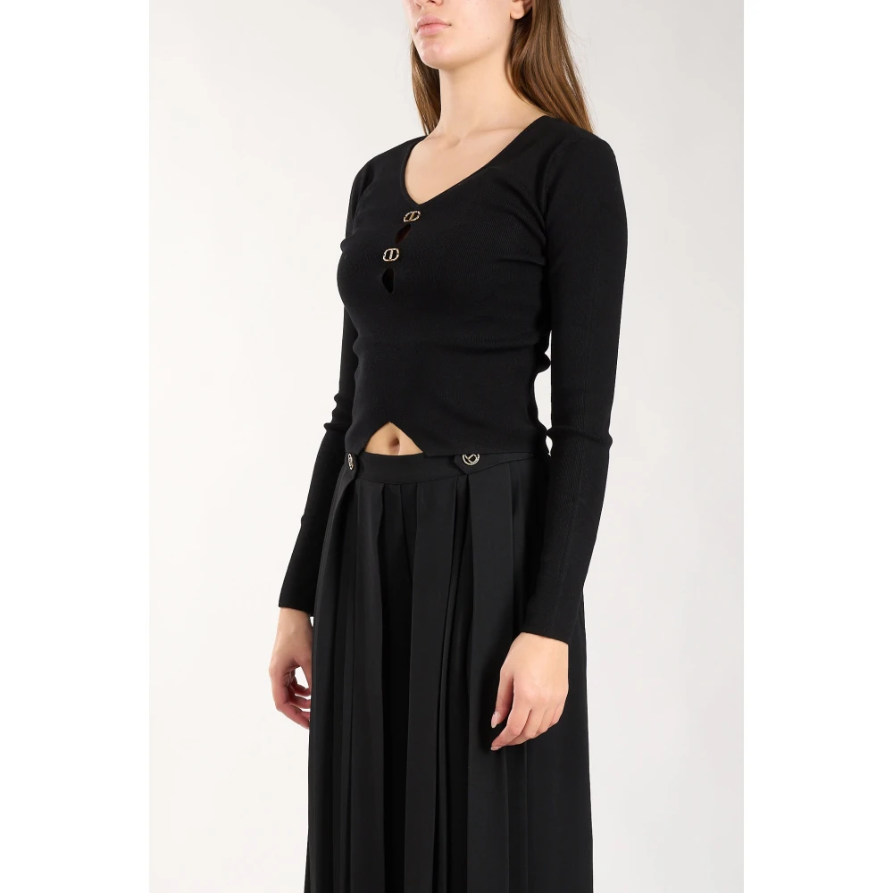 Twinset Stretch viscose top met ovale T metalen platen Black Dames