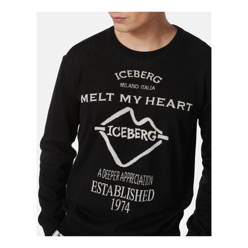 Iceberg Zwarte crewneck sweater van dubbel jacquard katoen met graphics Black Heren