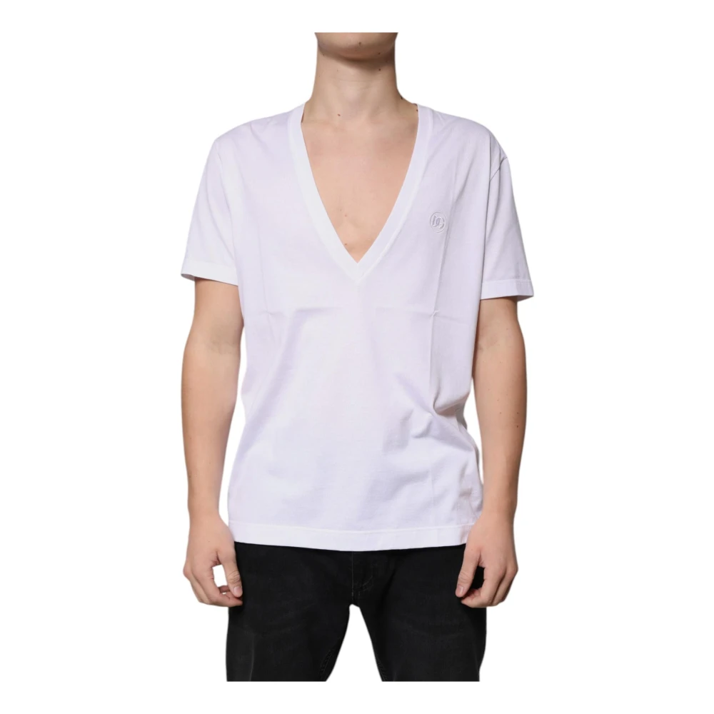 Dolce & Gabbana White Logo Embroidered V-Neck T-Shirt - Male - T-Shirts - Xl - Tops