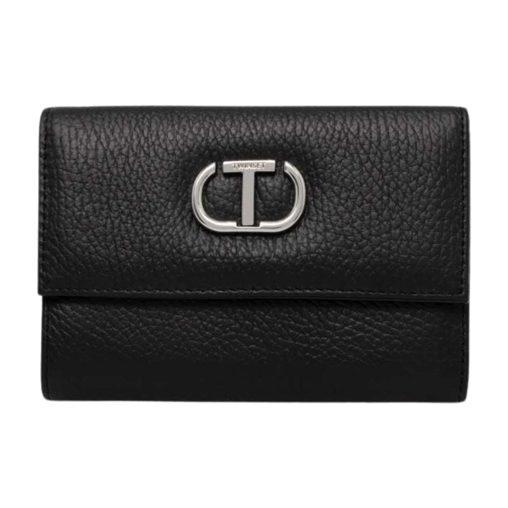 Twinset Zwarte leren portemonnee met drukknoopsluiting Black Dames