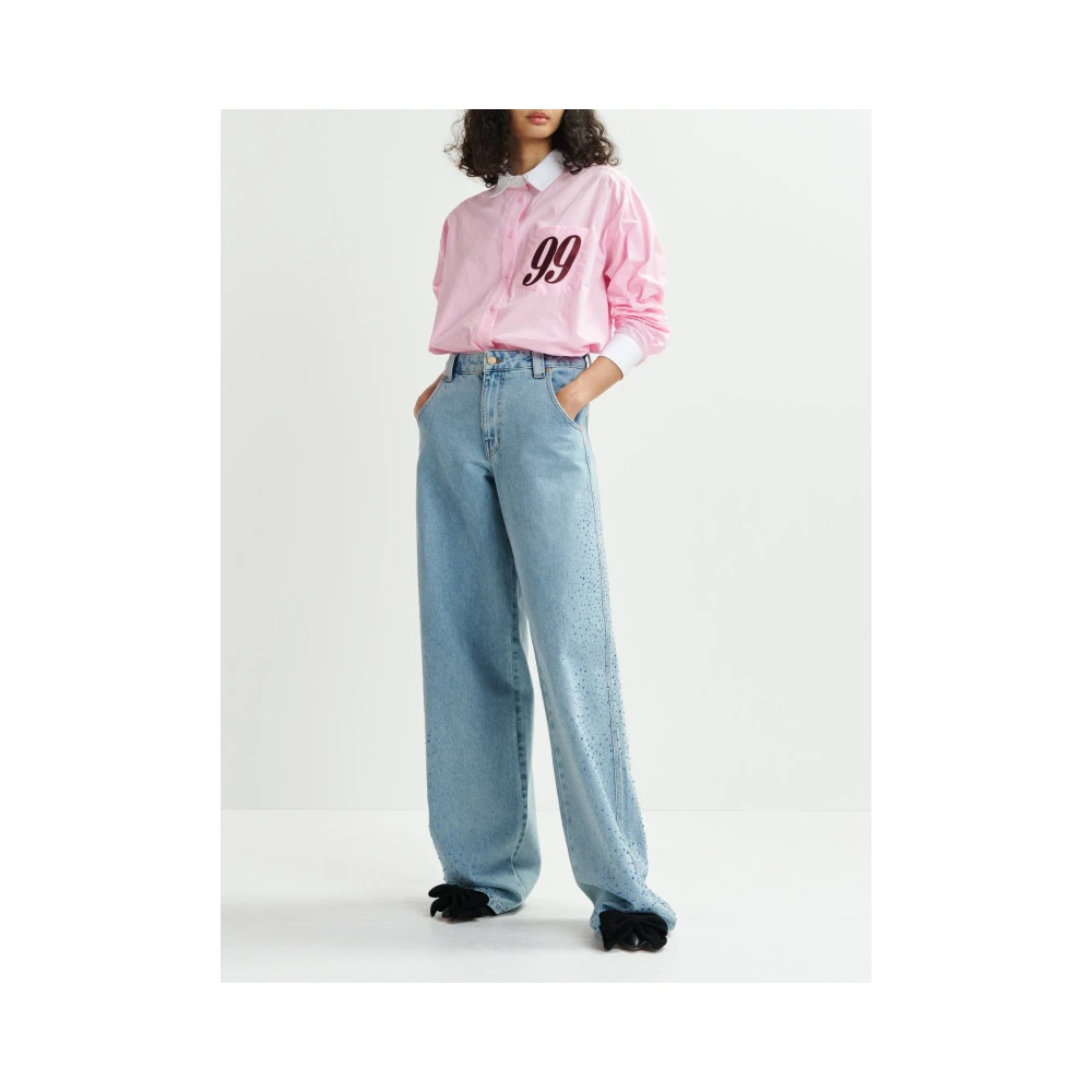 Essentiel Antwerp Hoge taille wijde pijp jeans met strass Blue Dames