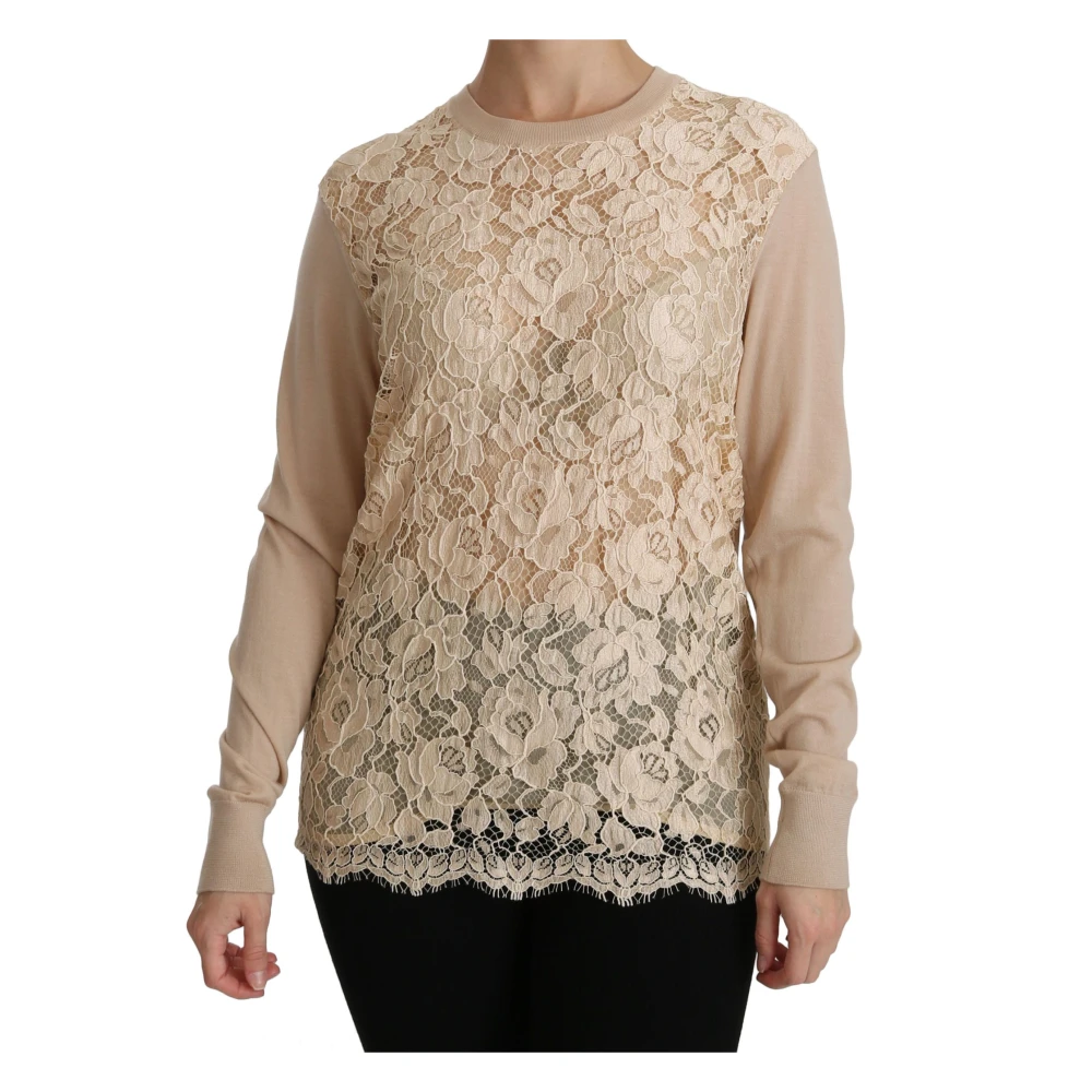 Dolce & Gabbana Women's Beige Elegant Lace Crew Neck Cashmere Blouse - Round-Neck Knitwear - Xs - Knitwear