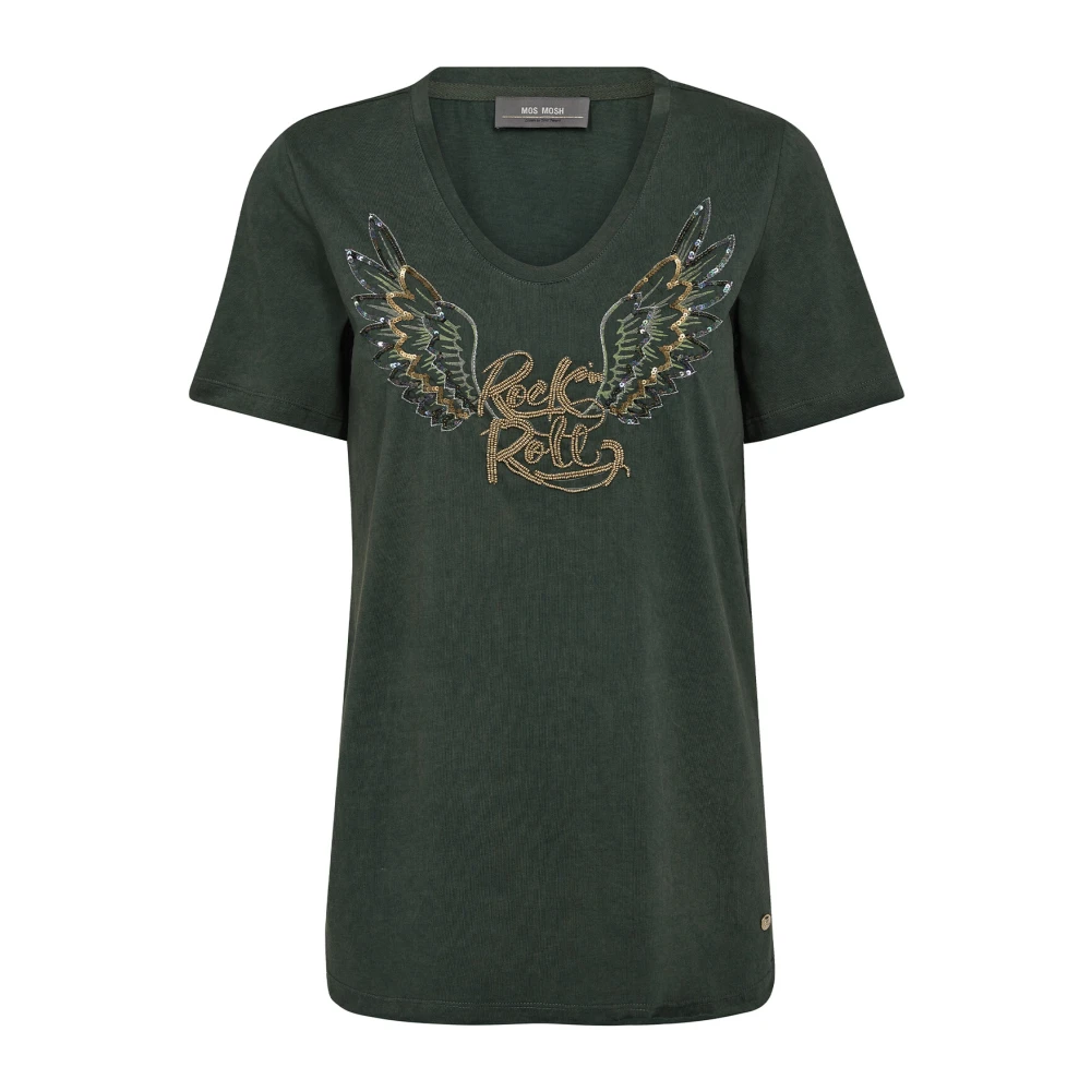 MOS MOSH Geborduurd T-shirt met V-hals Green Dames