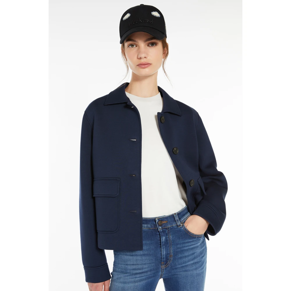 Max Mara Weekend Blauwe Boxy Jas met Overhemdkraag Blue Dames