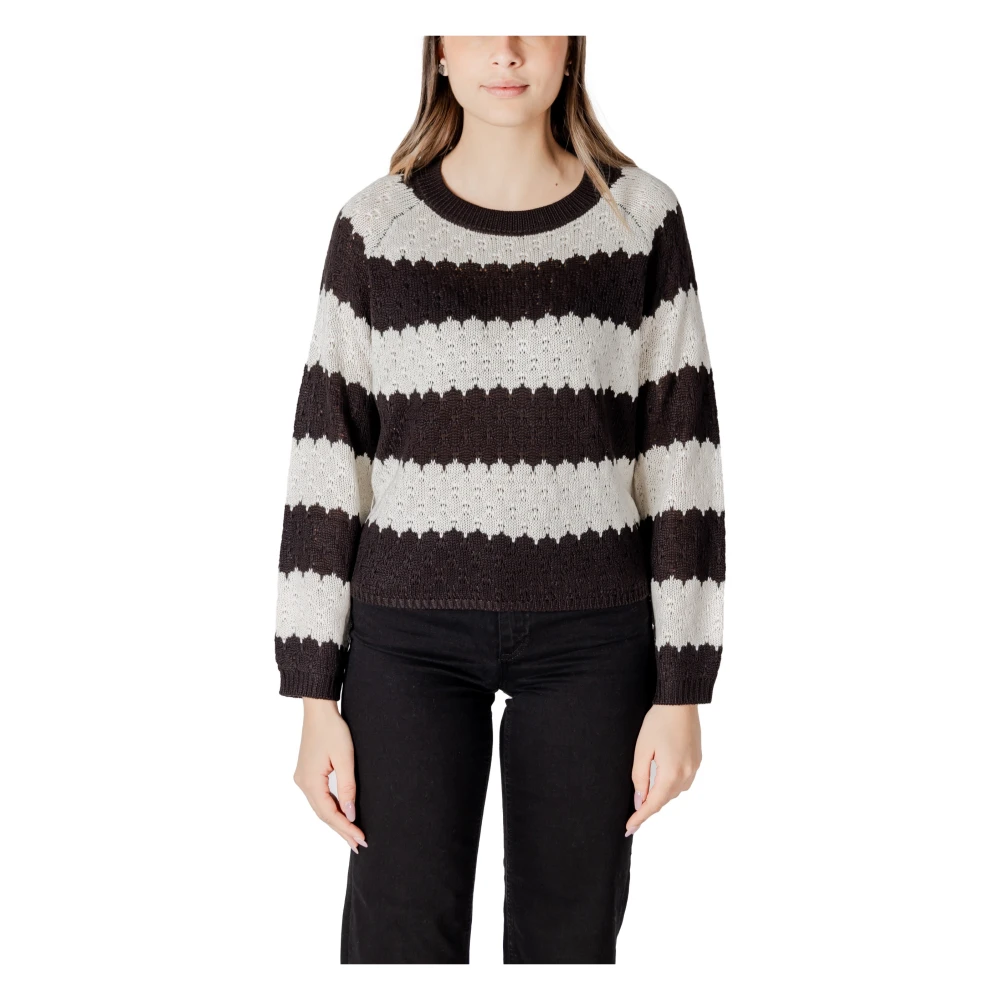 Jacqueline De Yong Women's Multicolor Round-Neck Knitwear, M, Striped Knitwear With Round Neck