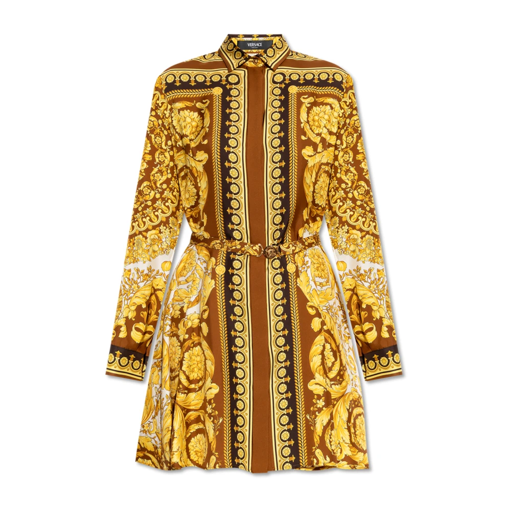 Versace Yellow Shirt Dresses, Female, Xs, Silk Dress With Belt