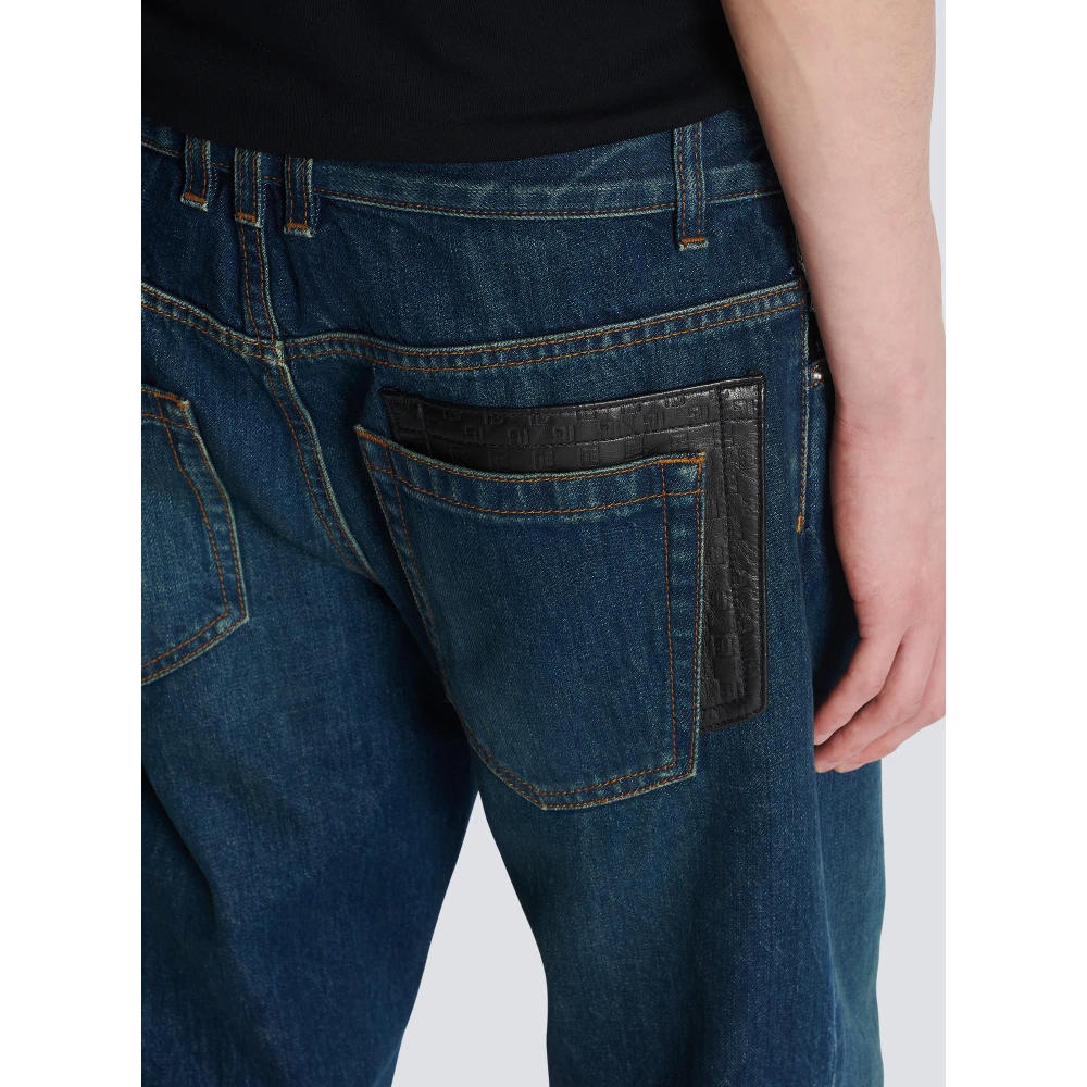 Balmain Straight-leg jeans met leren zakken Blue Heren
