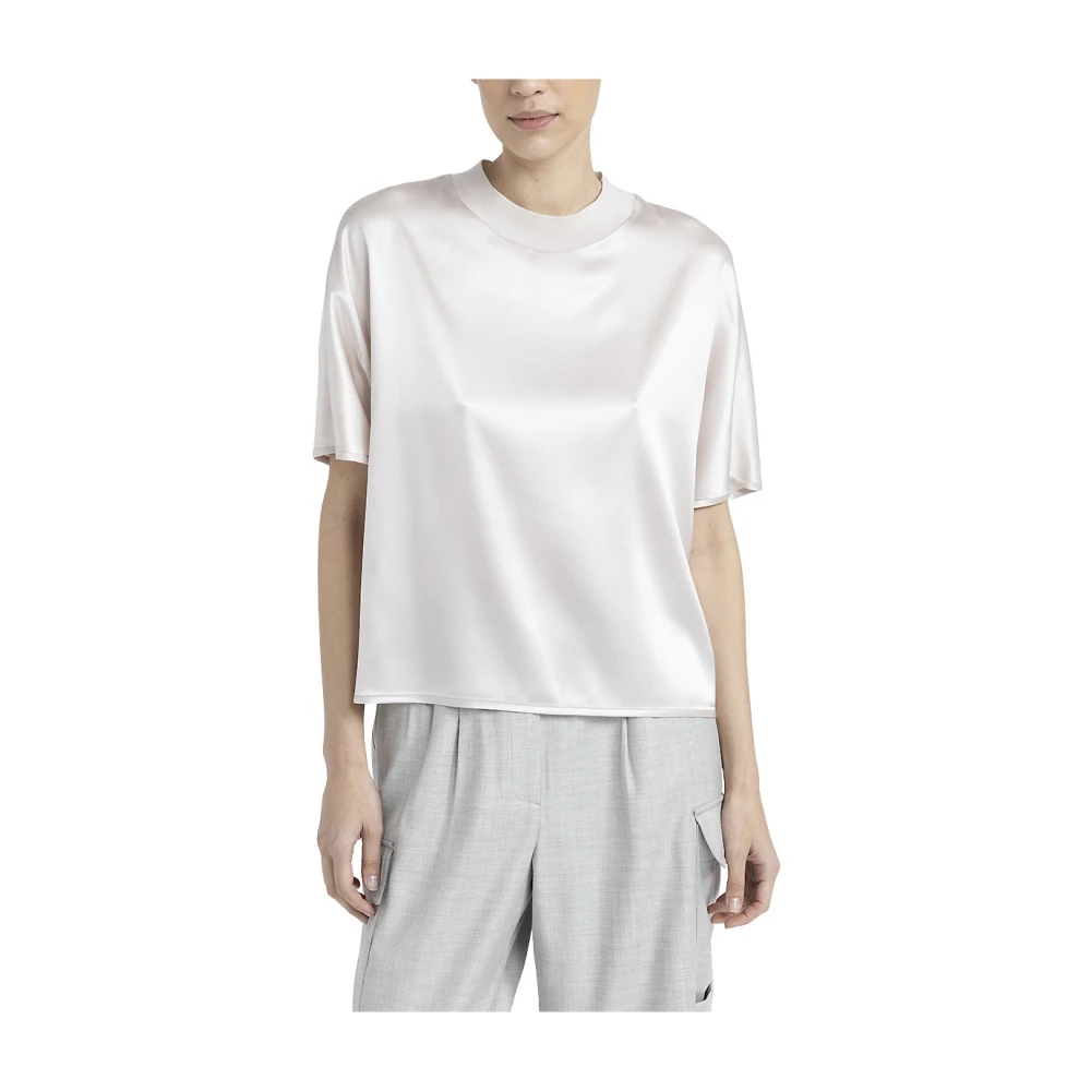 PESERICO Zijden satijnen T-shirt met ronde hals Beige Dames