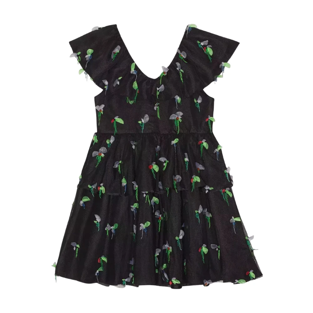 Ganni Women's Black Embellished Tiered Tulle Mini Dress - Short Dresses - Xs - Dresses