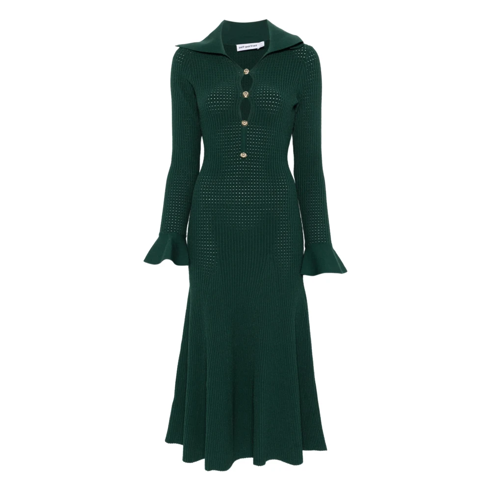 Self Portrait Women's Green Knitted Dresses, Xs, Keyhole Knit Midi Dress