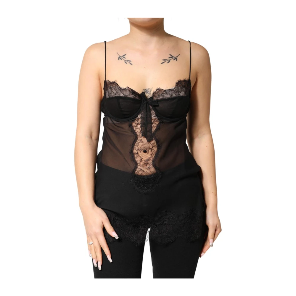 Dolce & Gabbana Women's Black Silk Floral Lace Chemise Lingerie Top