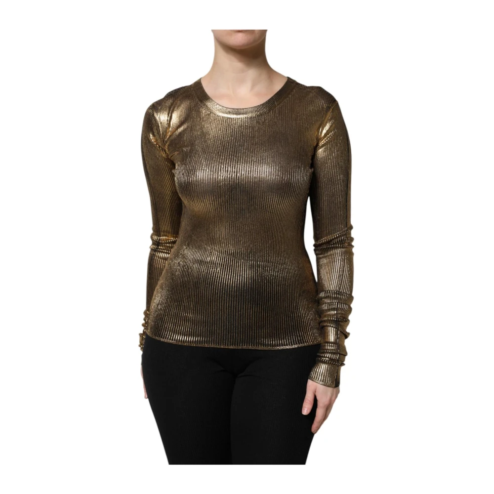 Dolce & Gabbana Vrouw Geel Truien & Vesten Dames, S, Metallic Ribbed Knit Long Sleeve