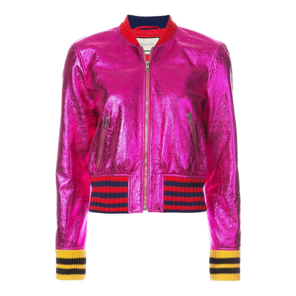 Gucci Metallic Leren Bomberjack met Gebreide Strepen Pink Dames