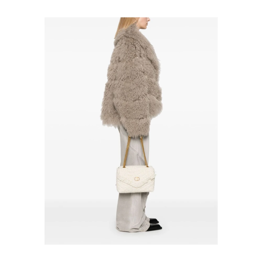 Twinset Chique Tweed Schoudertas met Franje Klep White Dames