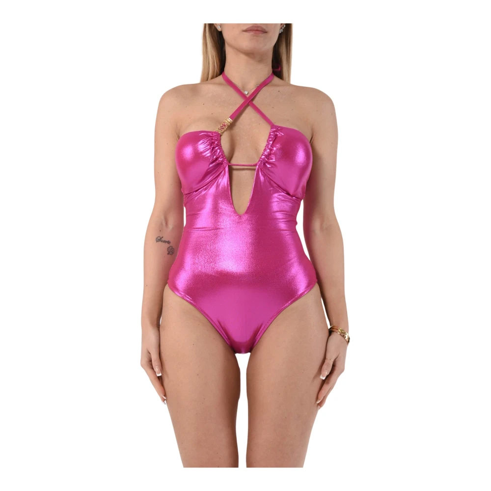 Moschino Glanzende Lycra Badpak met Metalen Logo Pink Dames