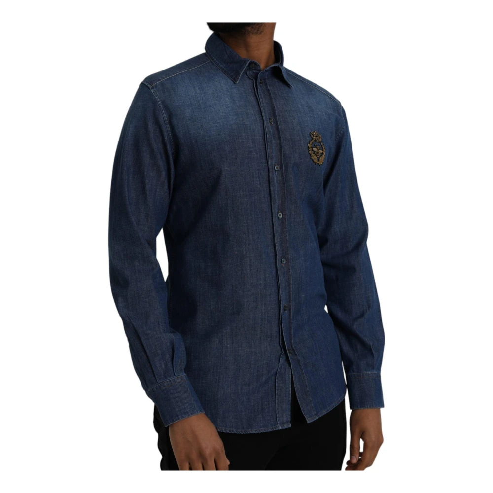 Dolce & Gabbana Blauwe Bij Embleem Denim Shirt Blue Heren