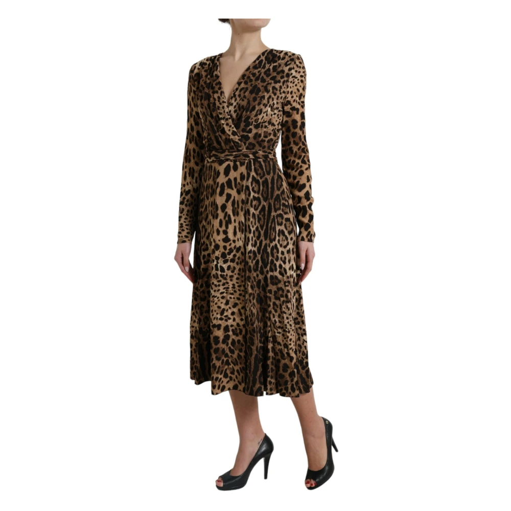 Dolce & Gabbana Elegant Leopard Print Wrap Midi Jurk Multicolor Dames