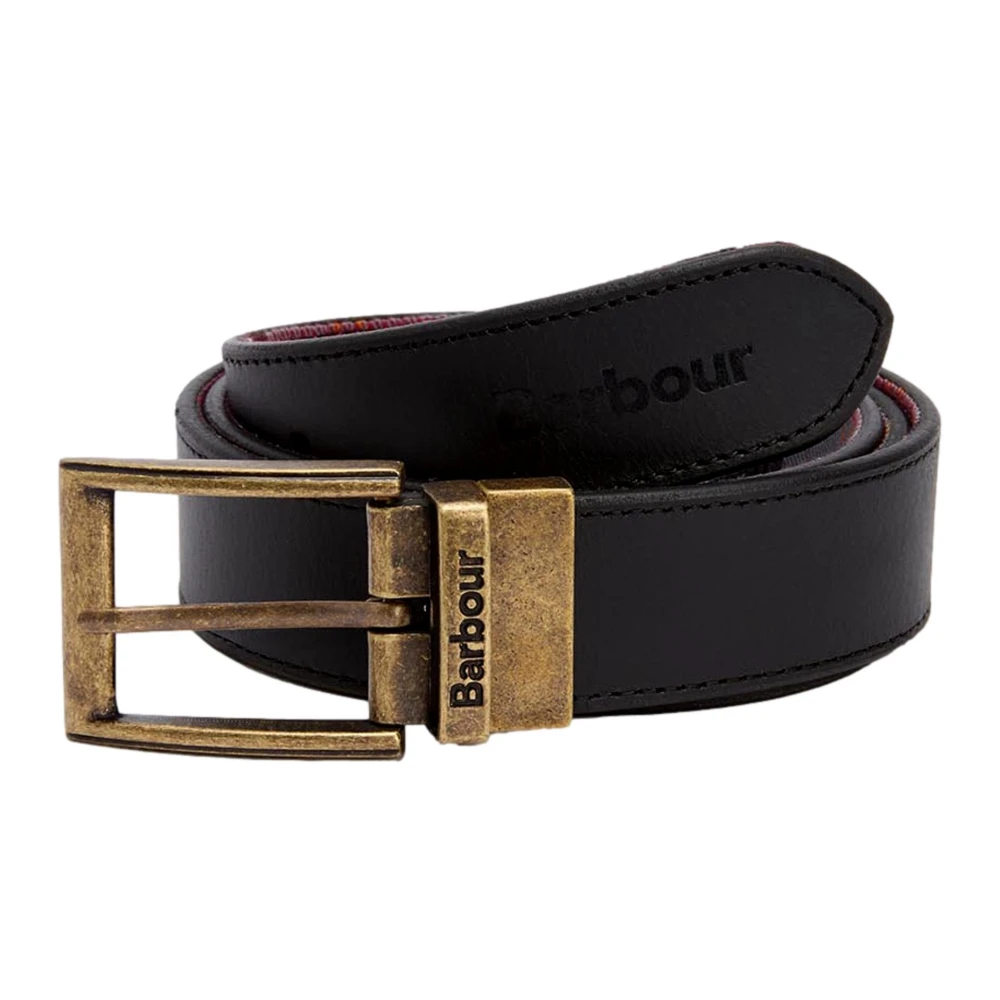 Barbour Men's Black Belts, L, Reversible Leather And Fabric Belt Modern Tartan