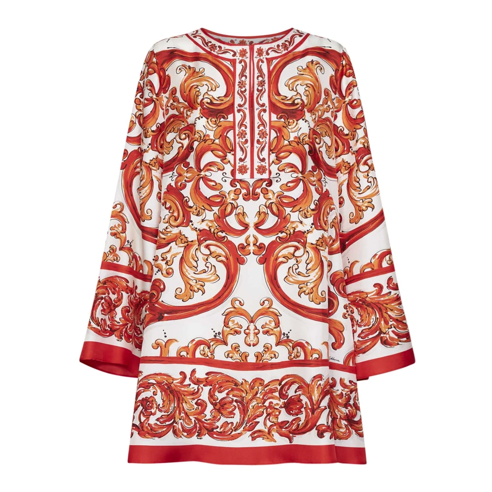 Dolce & Gabbana Multicolor Short Dresses, Female, L, Kaftan Dress In Majolica-Print Twill